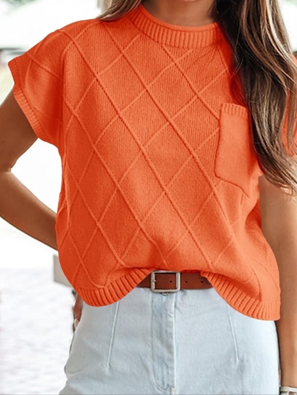 NWT Orange Diamond-Knit Short Sleeve Sweater Top